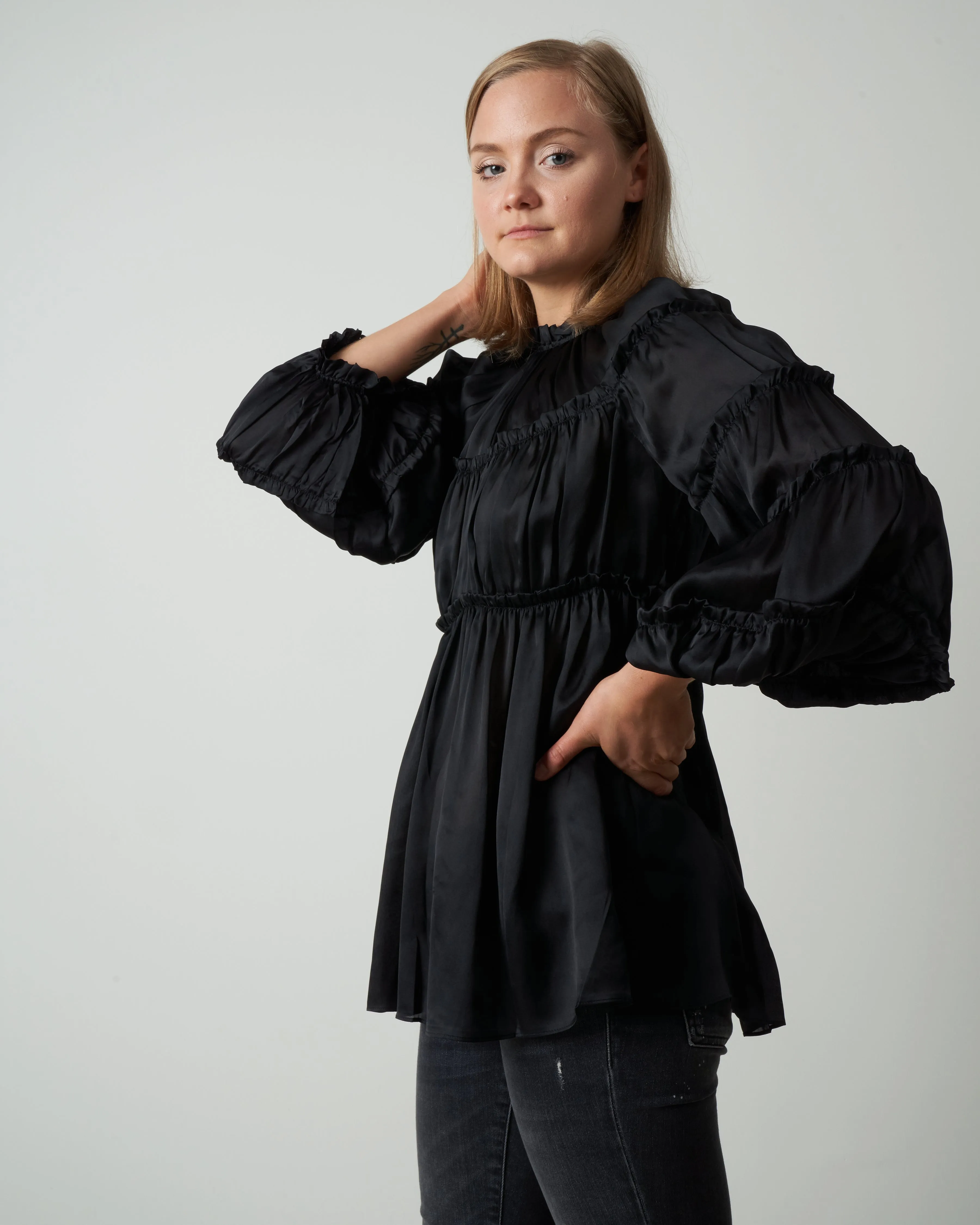 silk tiered blouse - black