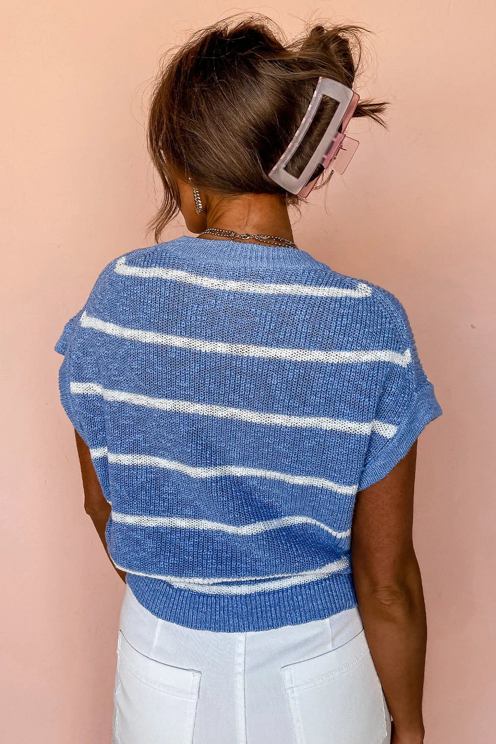 Sky Blue Stripe Short Batwing Sleeve O Neck Knit Top