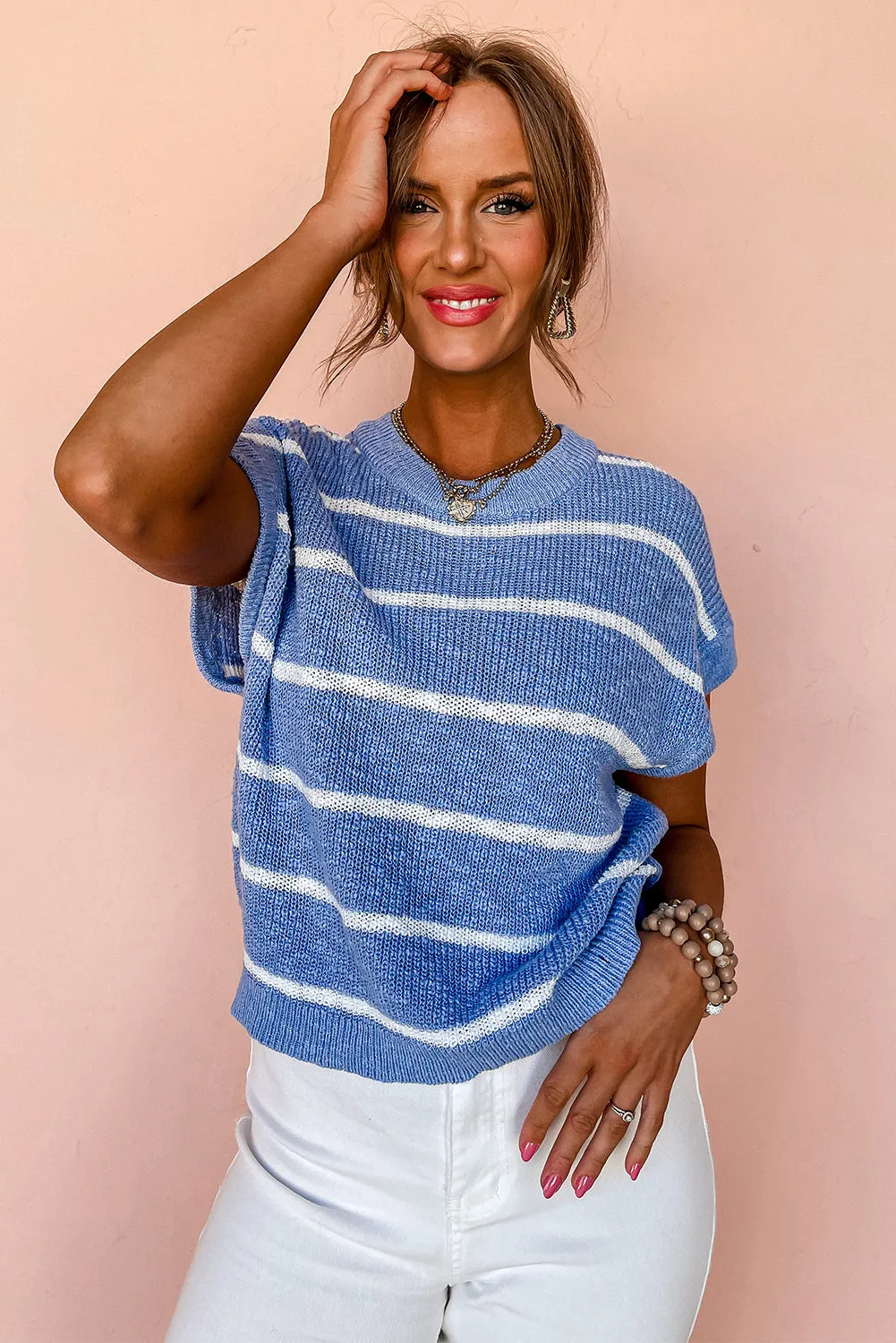 Sky Blue Stripe Short Batwing Sleeve O Neck Knit Top