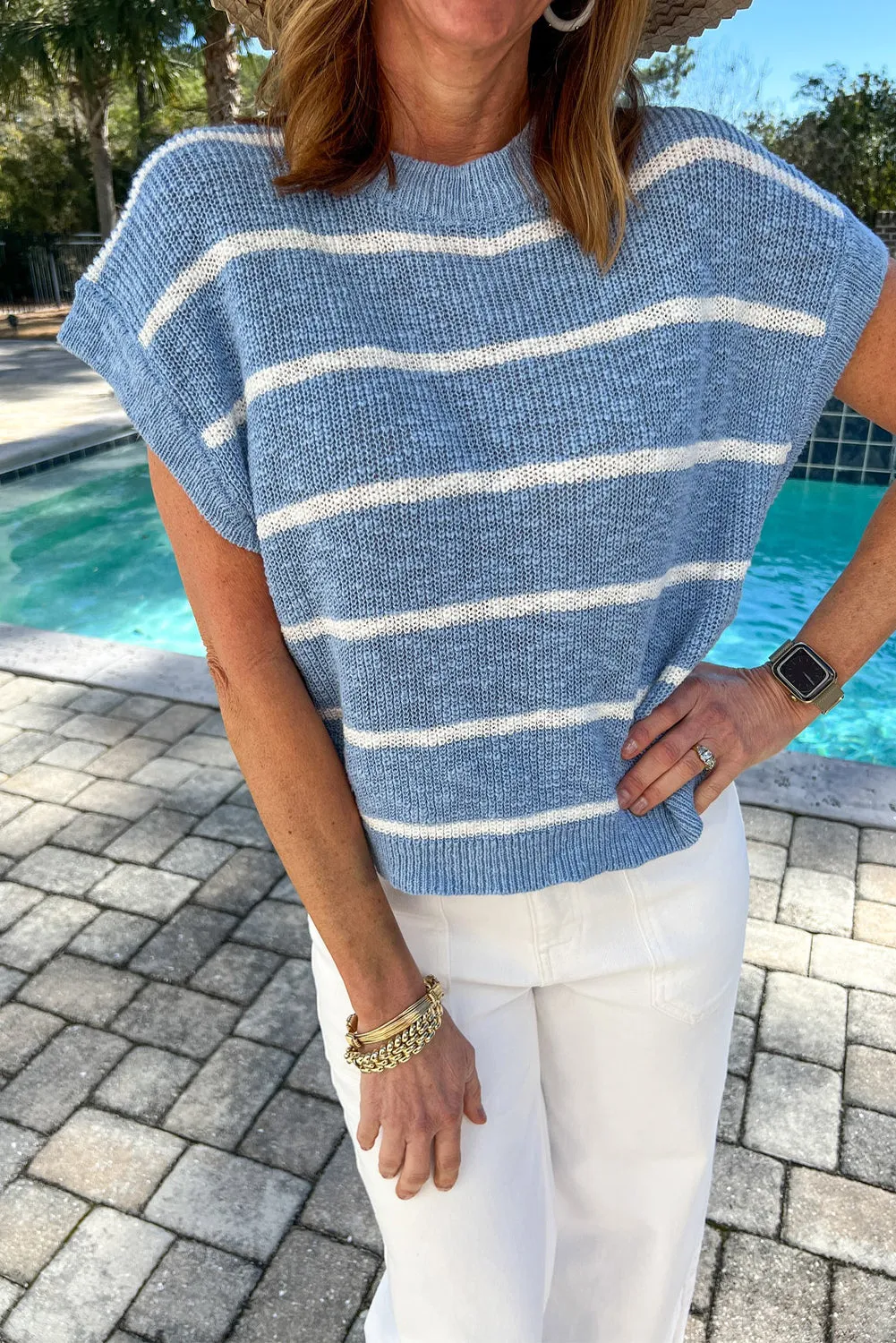 Sky Blue Stripe Short Batwing Sleeve O Neck Knit Top