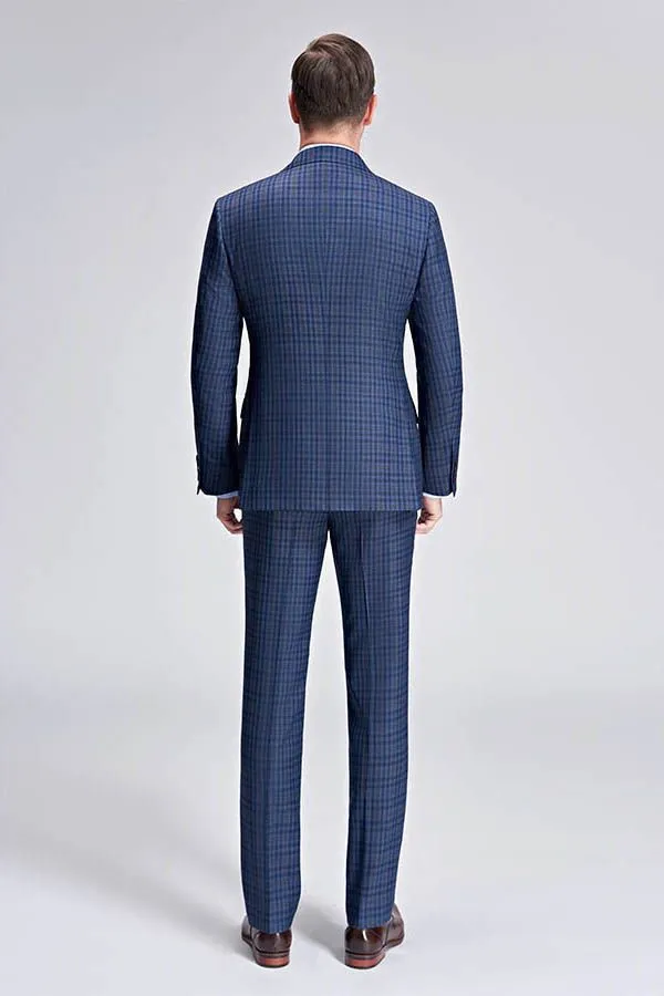 Small Checked Pattern Gentle Mens Suits Peak Lapel Blue Suits for Men