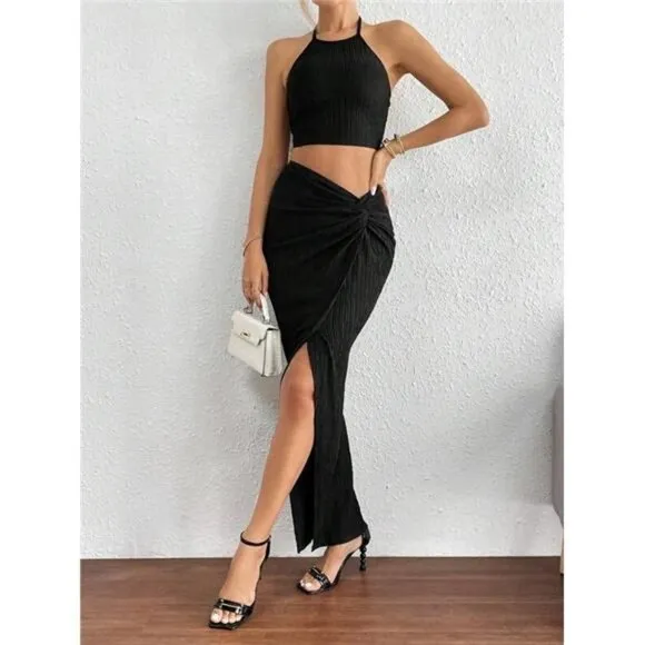 Solid Crop Halter Top &amp; Twist Front Split Thigh Skirt Two Piece