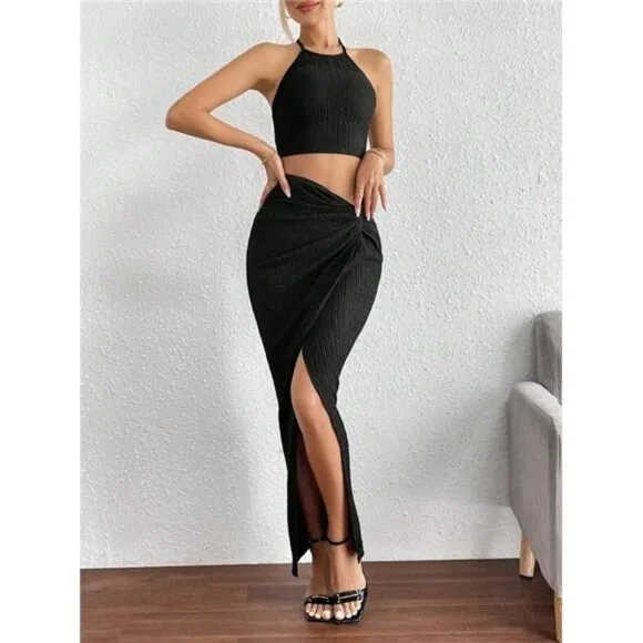 Solid Crop Halter Top &amp; Twist Front Split Thigh Skirt Two Piece