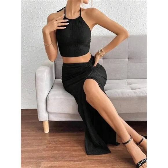 Solid Crop Halter Top &amp; Twist Front Split Thigh Skirt Two Piece
