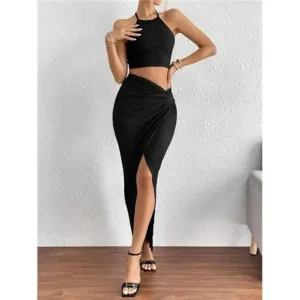Solid Crop Halter Top &amp; Twist Front Split Thigh Skirt Two Piece