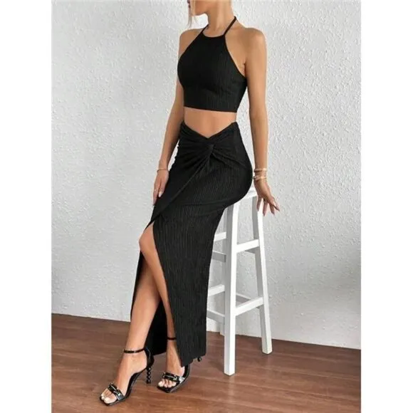 Solid Crop Halter Top &amp; Twist Front Split Thigh Skirt Two Piece