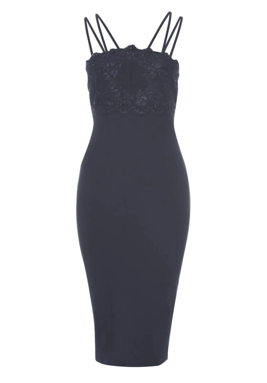 Strappy Navy Bodycon Dress With Lace Detail