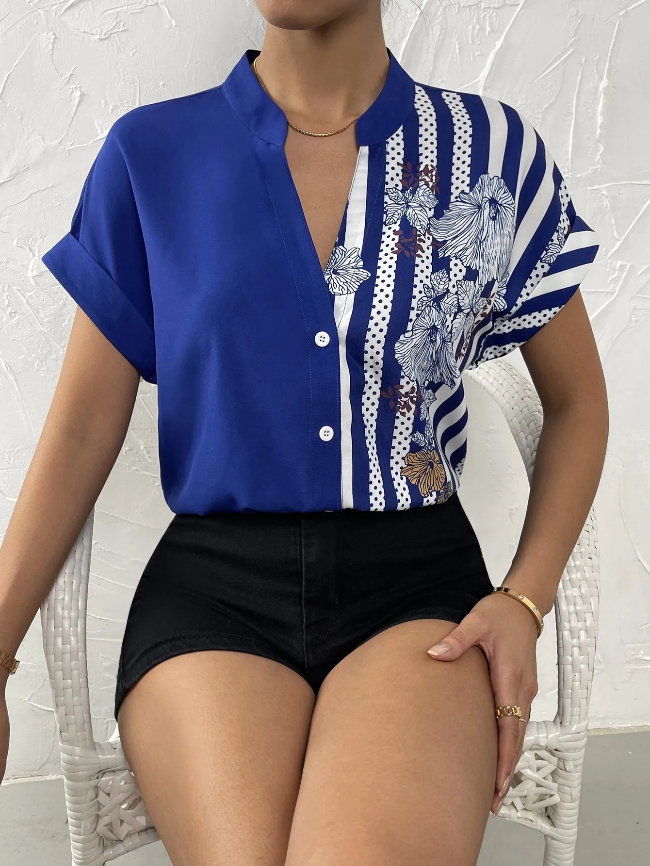 Striped & Floral Print Batwing Sleeve Button Front Shirt