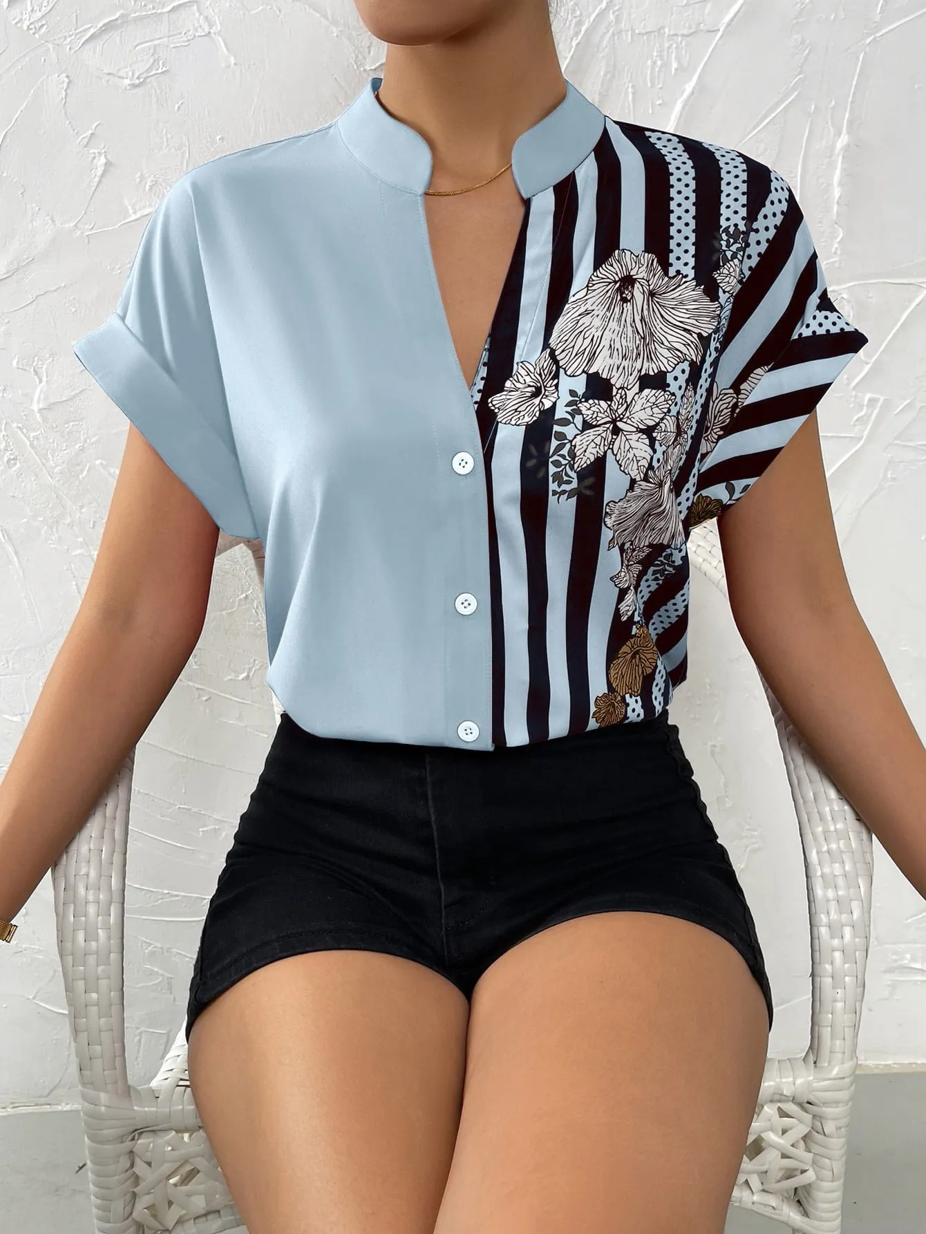 Striped & Floral Print Batwing Sleeve Button Front Shirt