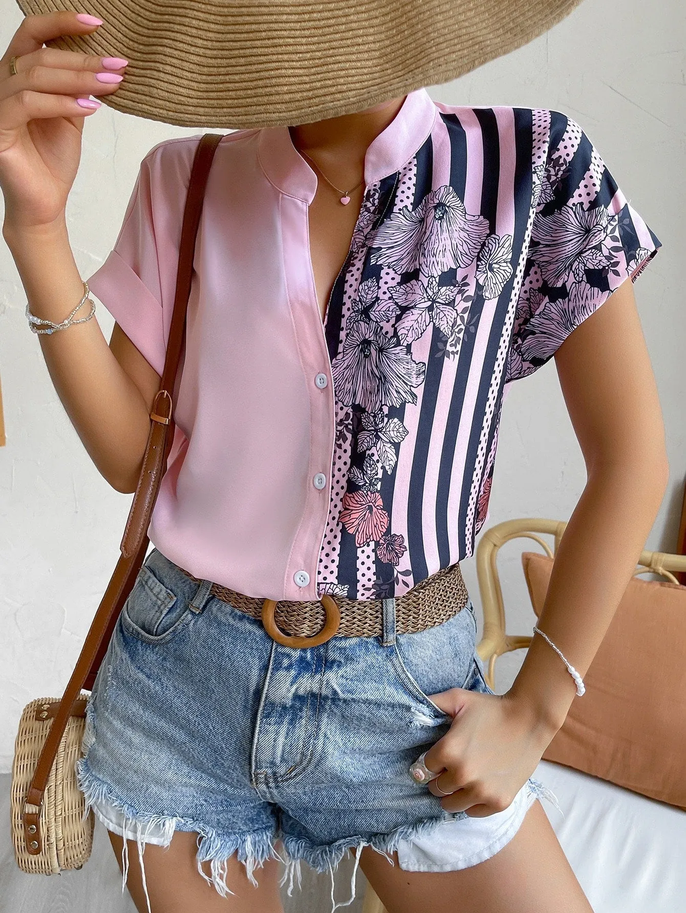 Striped & Floral Print Batwing Sleeve Button Front Shirt