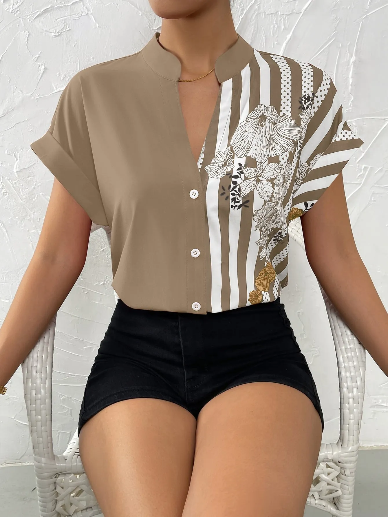 Striped & Floral Print Batwing Sleeve Button Front Shirt