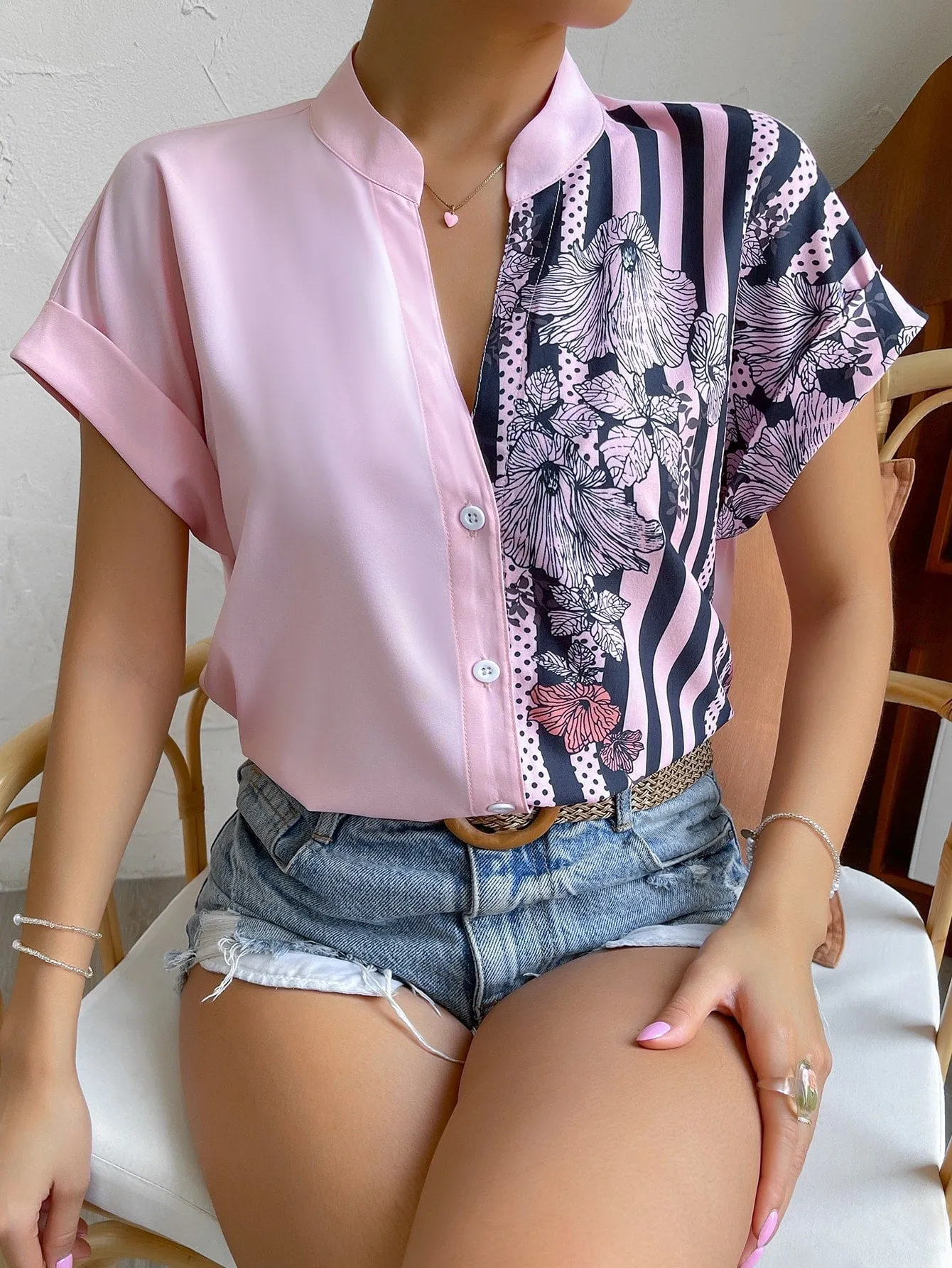 Striped & Floral Print Batwing Sleeve Button Front Shirt