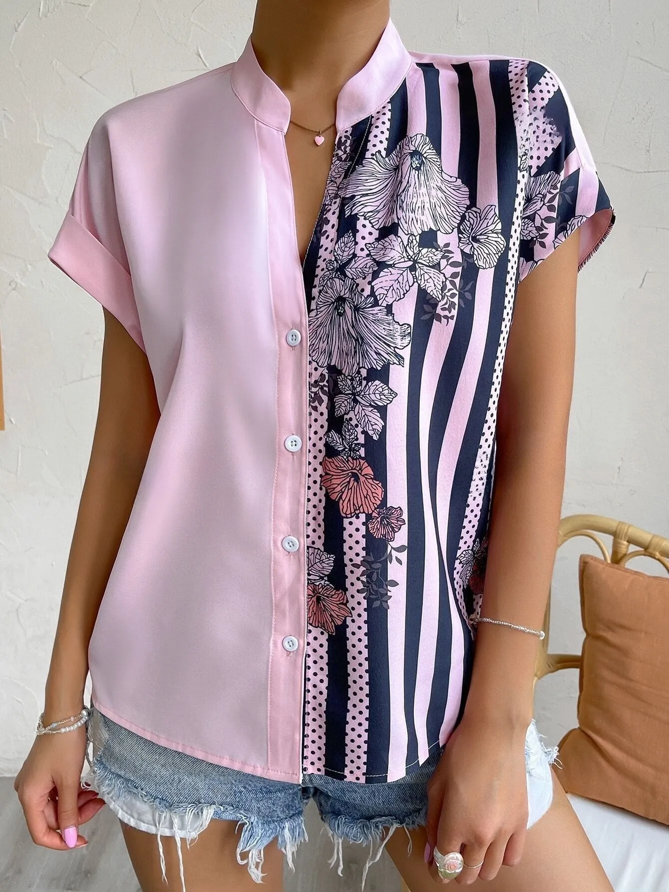 Striped & Floral Print Batwing Sleeve Button Front Shirt