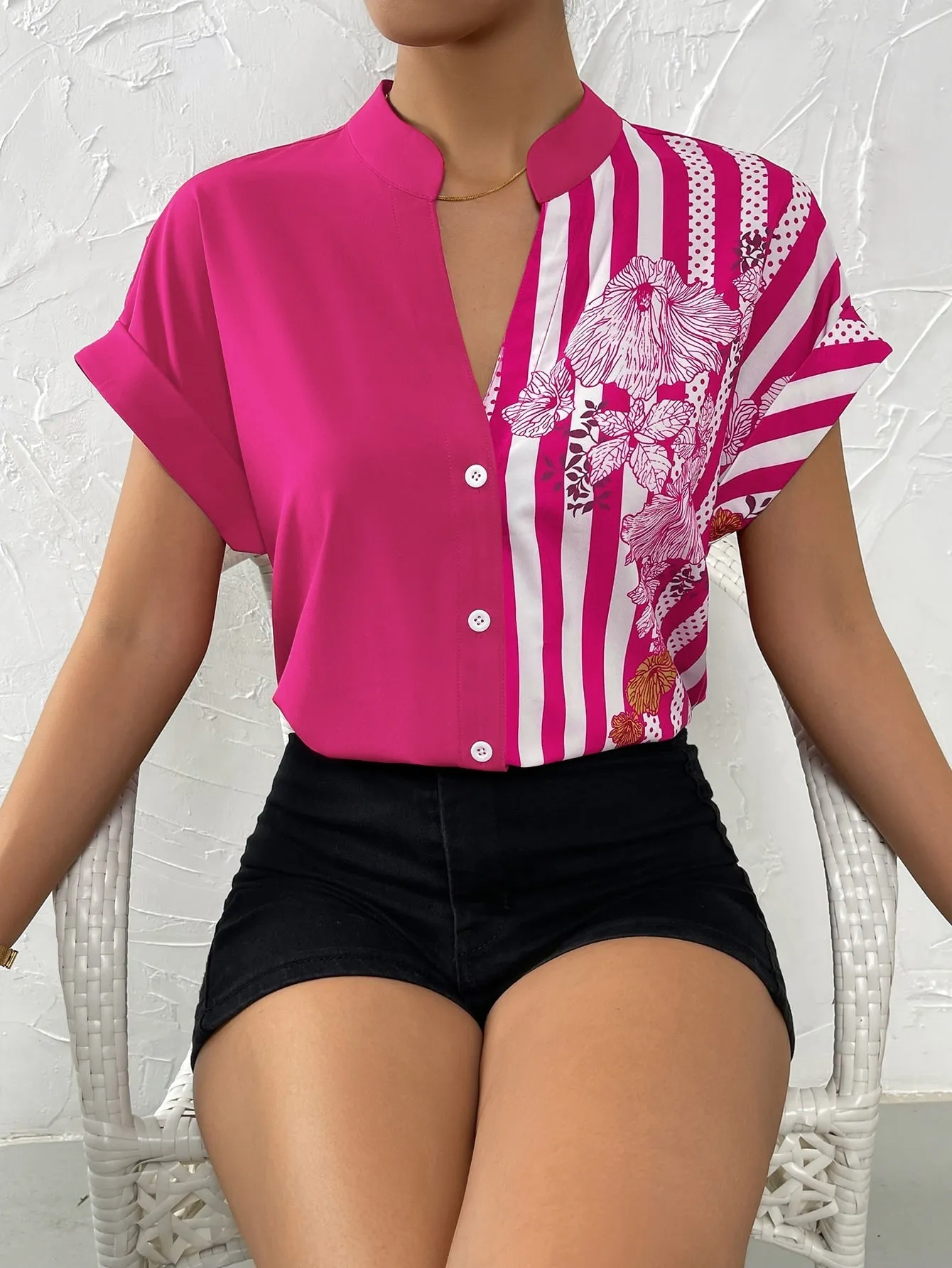 Striped & Floral Print Batwing Sleeve Button Front Shirt