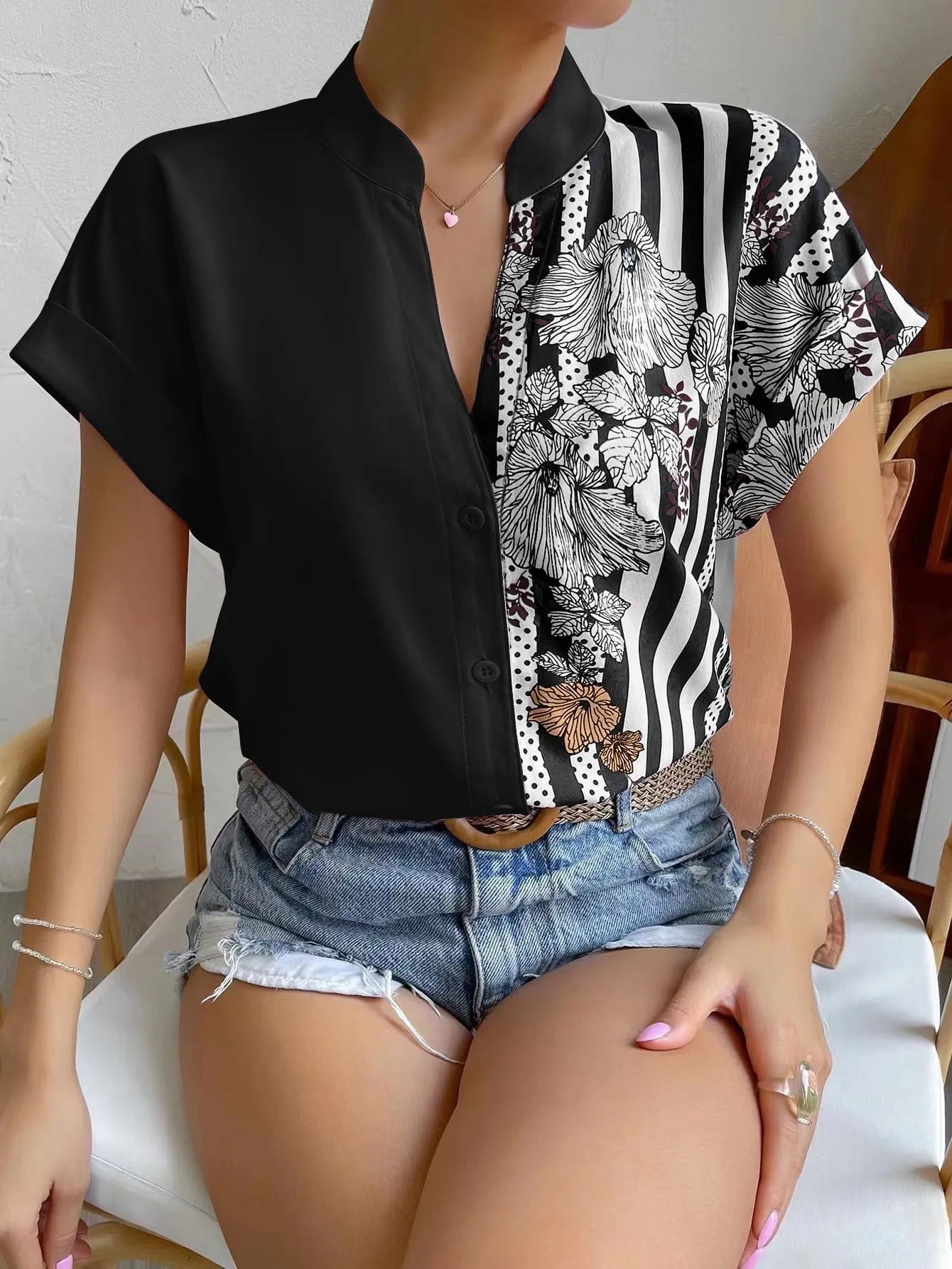 Striped & Floral Print Batwing Sleeve Button Front Shirt