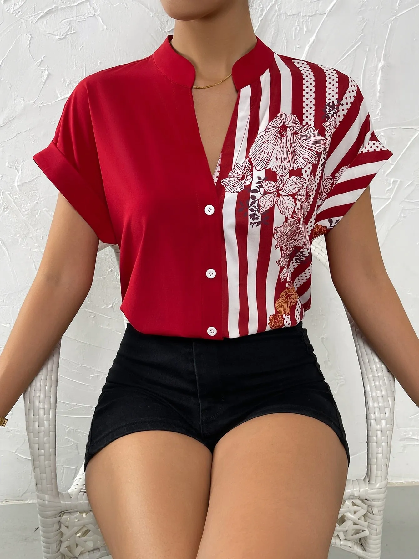 Striped & Floral Print Batwing Sleeve Button Front Shirt