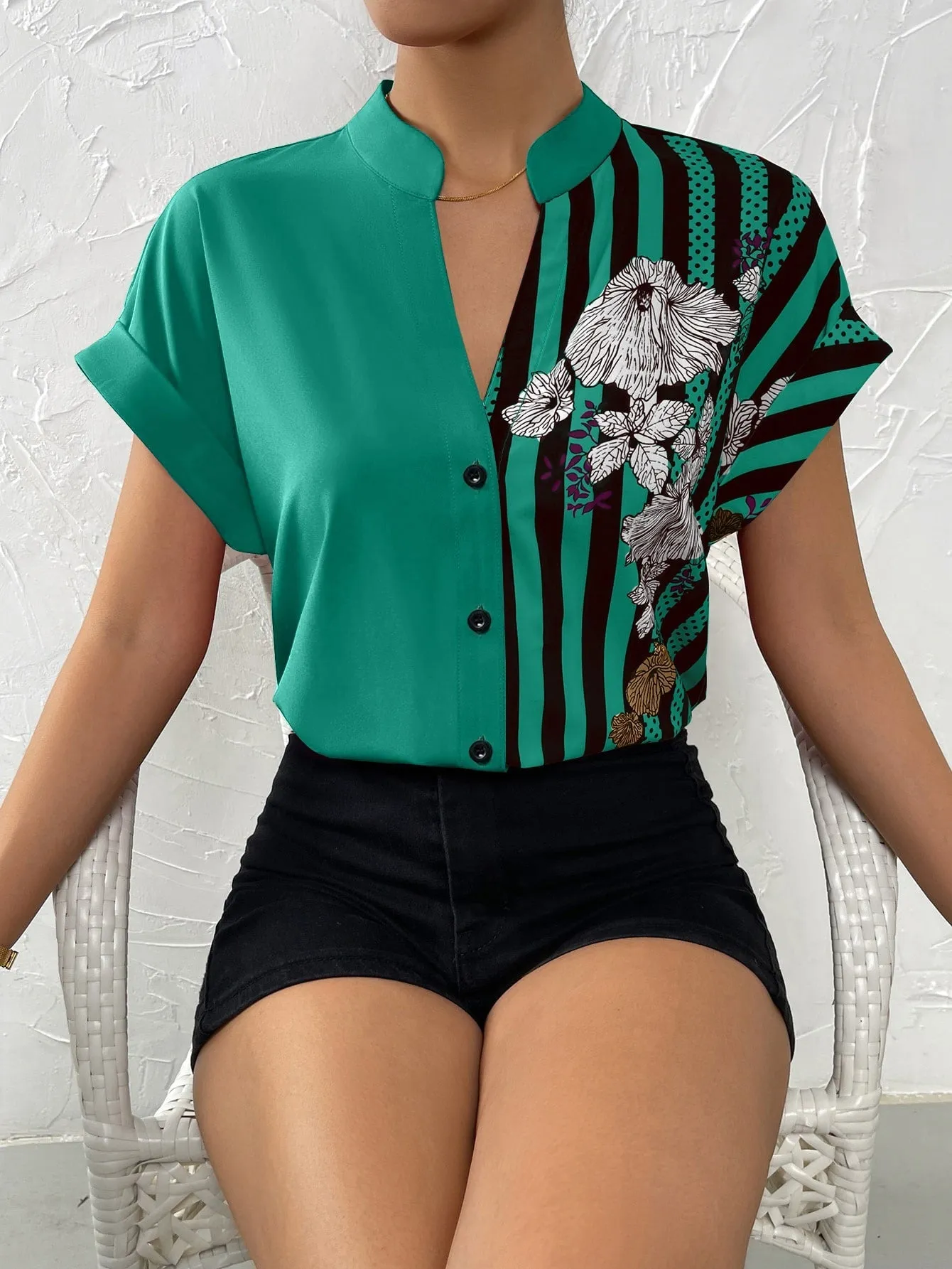 Striped & Floral Print Batwing Sleeve Button Front Shirt