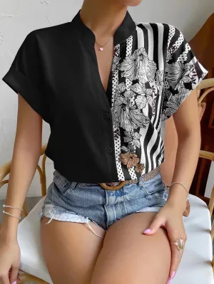 Striped & Floral Print Batwing Sleeve Button Front Shirt