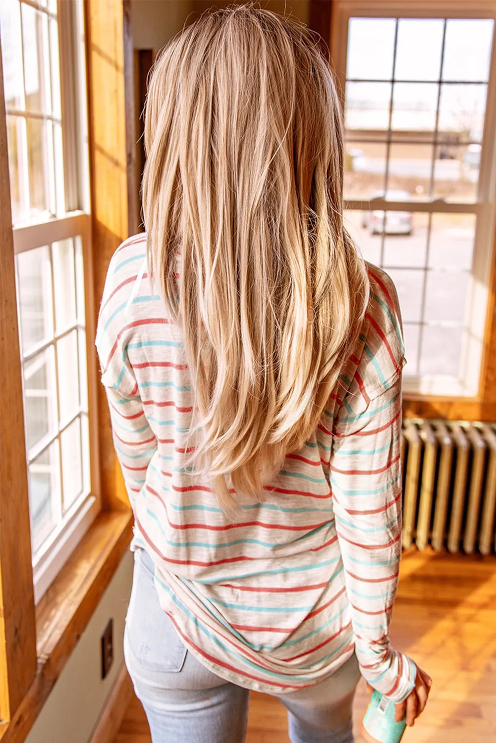 Striped Print V Neck Long Sleeve T Shirt