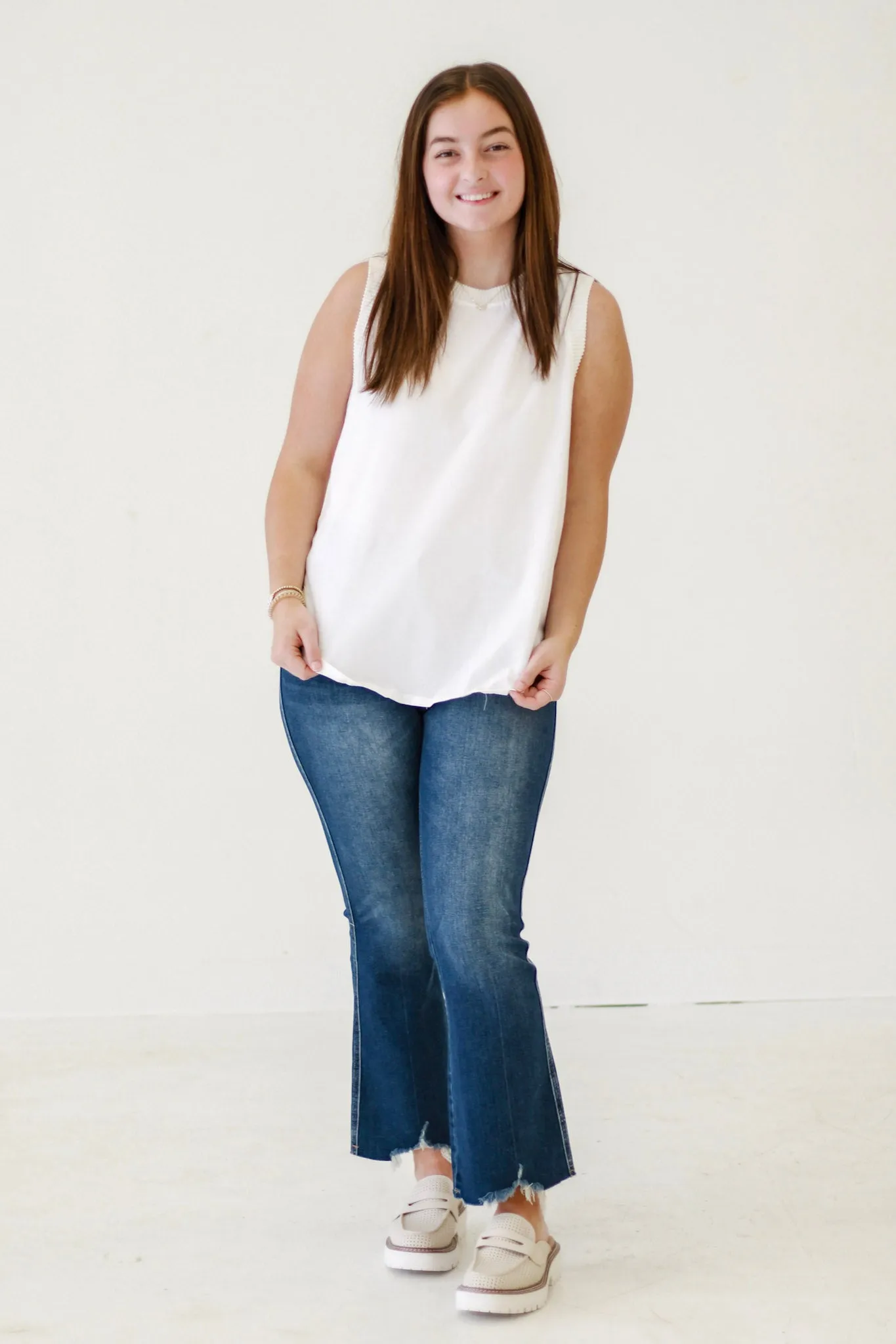 Summer Symphony Ribbed and Cotton Mix Contrast Top in Ivory