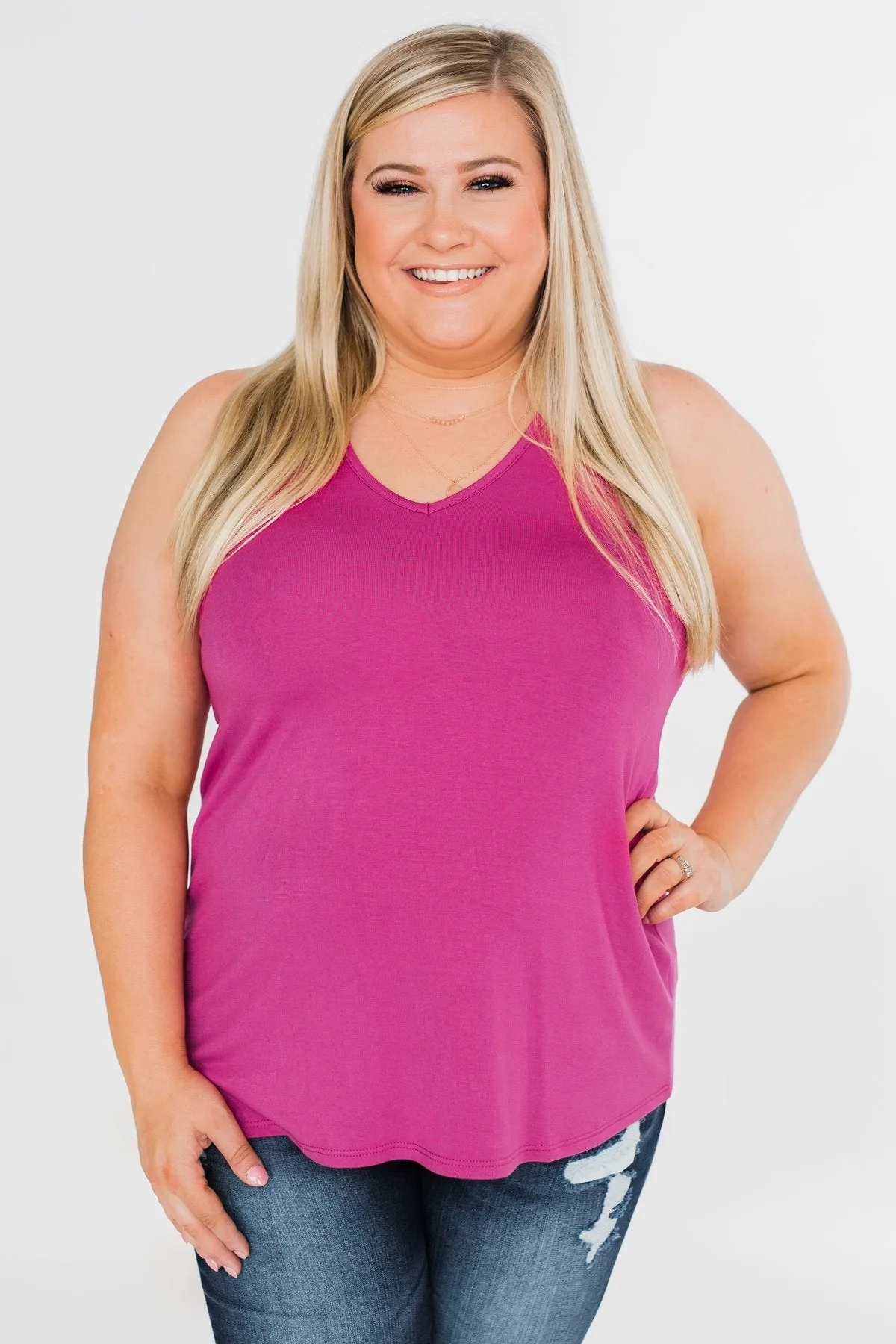 Tell Me Again Crochet Knit Tank Top- Magenta