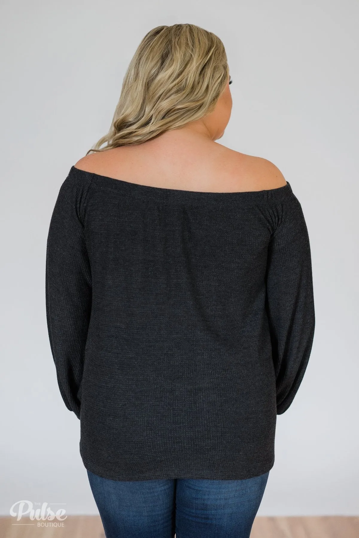 Thermal Off the Shoulder Button Top- Charcoal