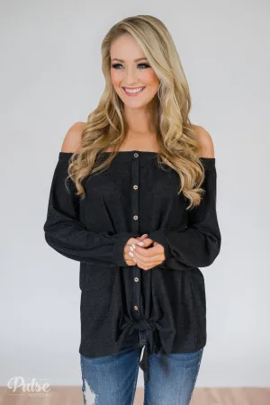 Thermal Off the Shoulder Button Top- Charcoal