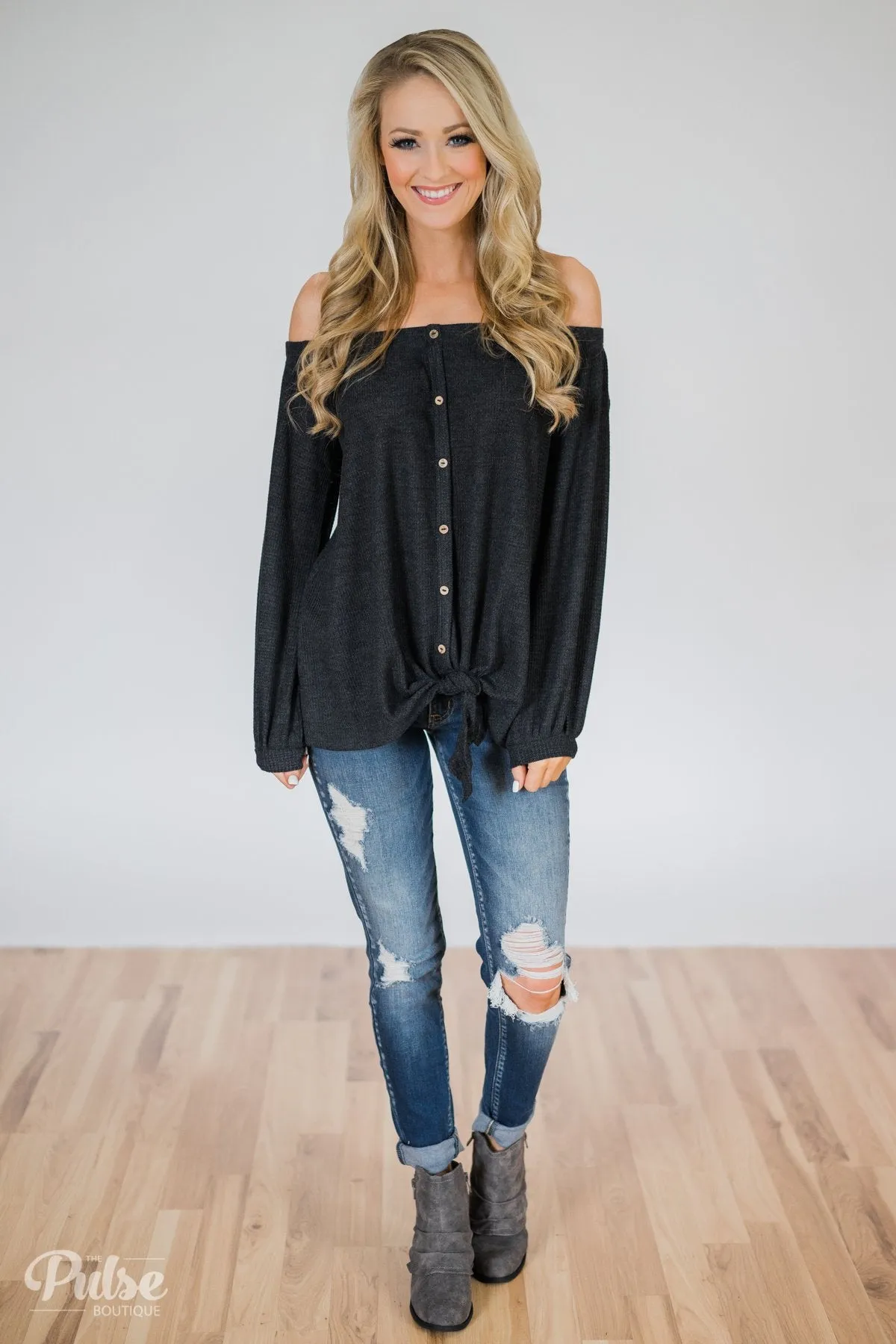 Thermal Off the Shoulder Button Top- Charcoal