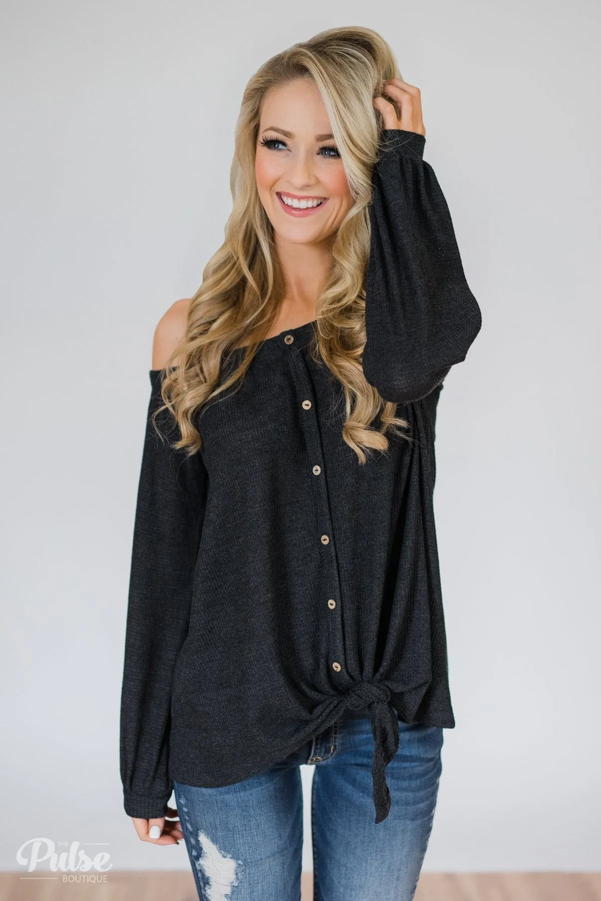 Thermal Off the Shoulder Button Top- Charcoal