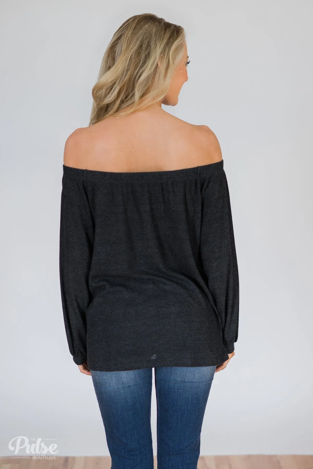 Thermal Off the Shoulder Button Top- Charcoal