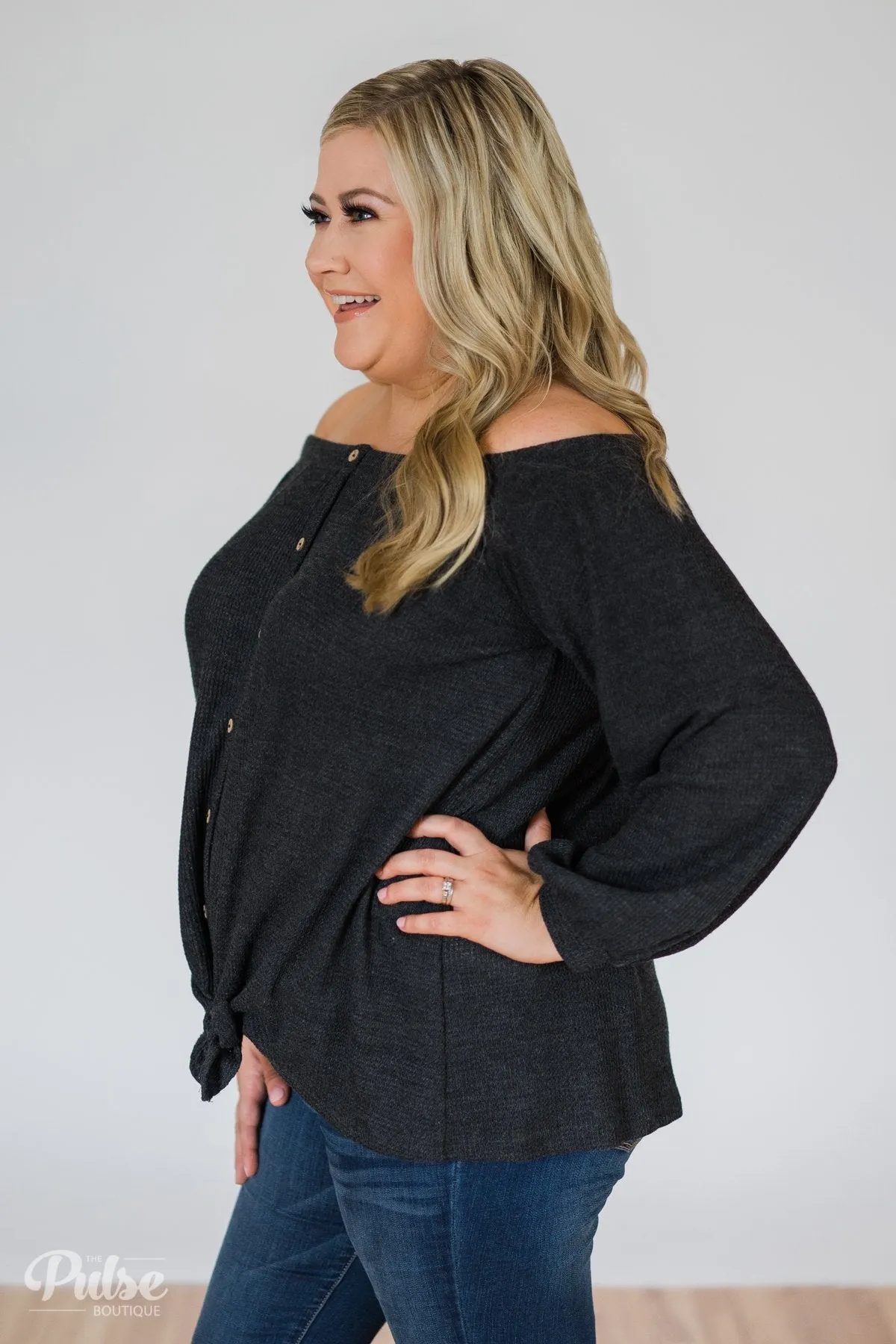 Thermal Off the Shoulder Button Top- Charcoal