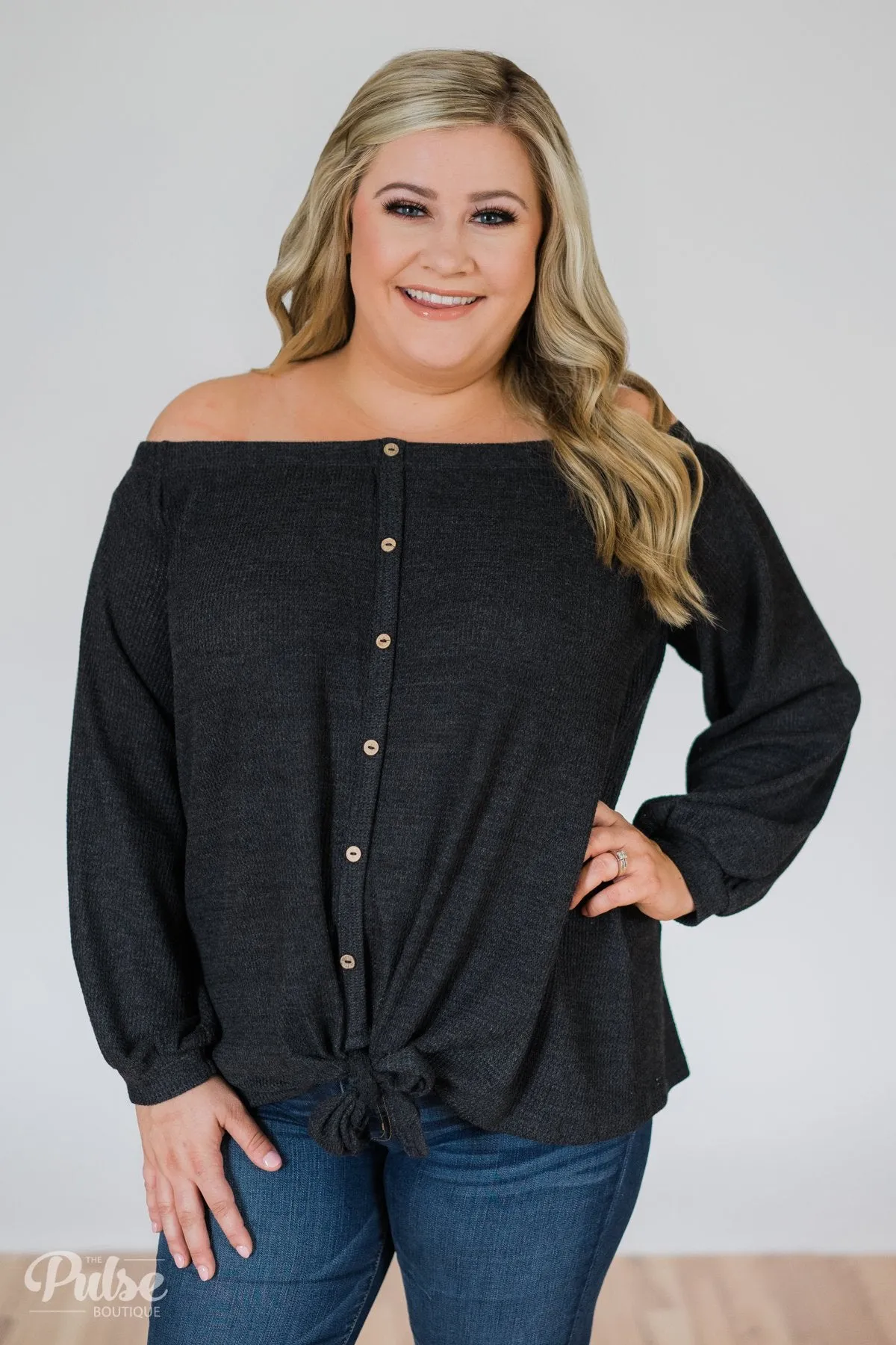 Thermal Off the Shoulder Button Top- Charcoal
