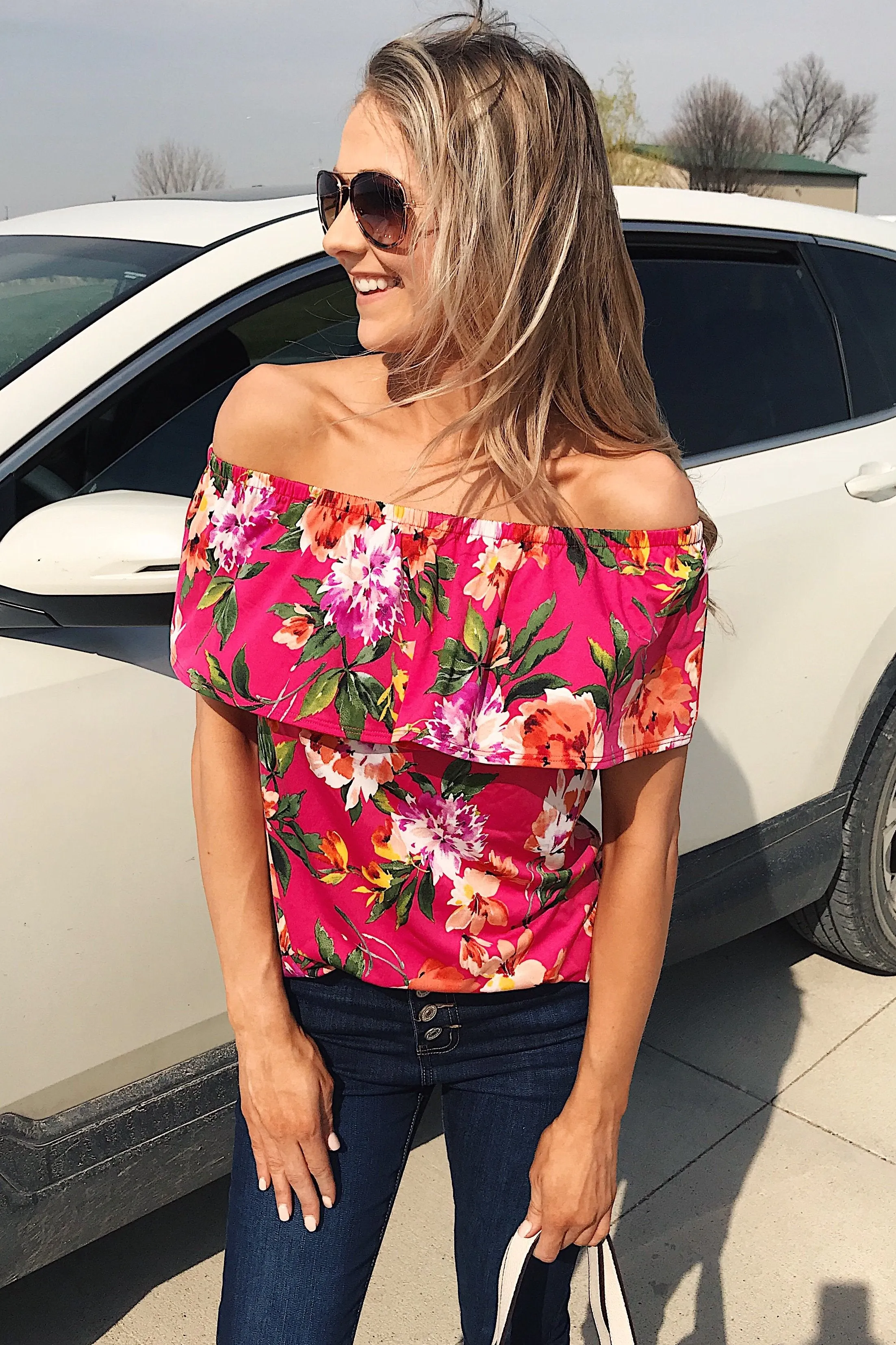 Tropical Oasis Off The Shoulder Floral Top- Fuchsia