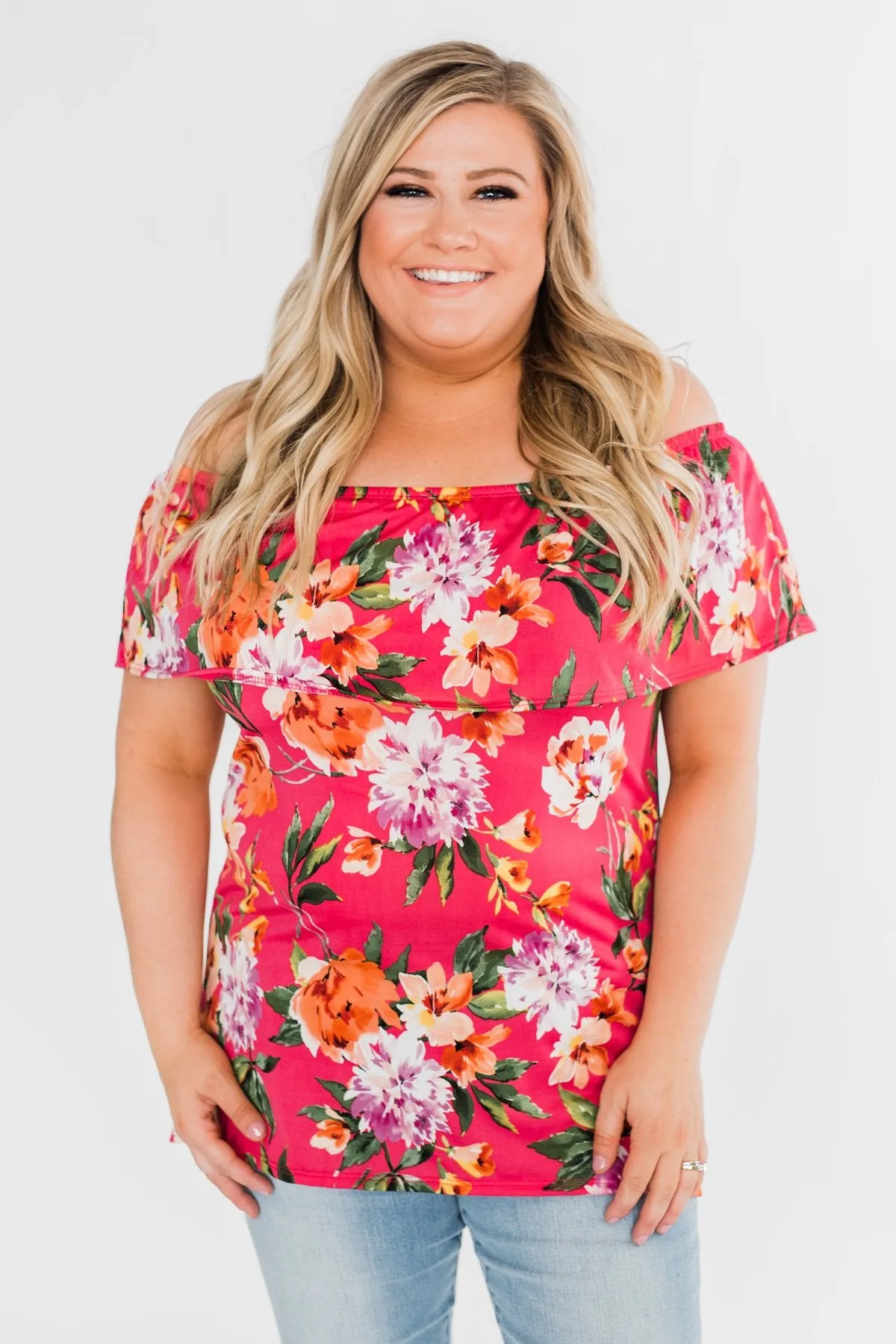 Tropical Oasis Off The Shoulder Floral Top- Fuchsia