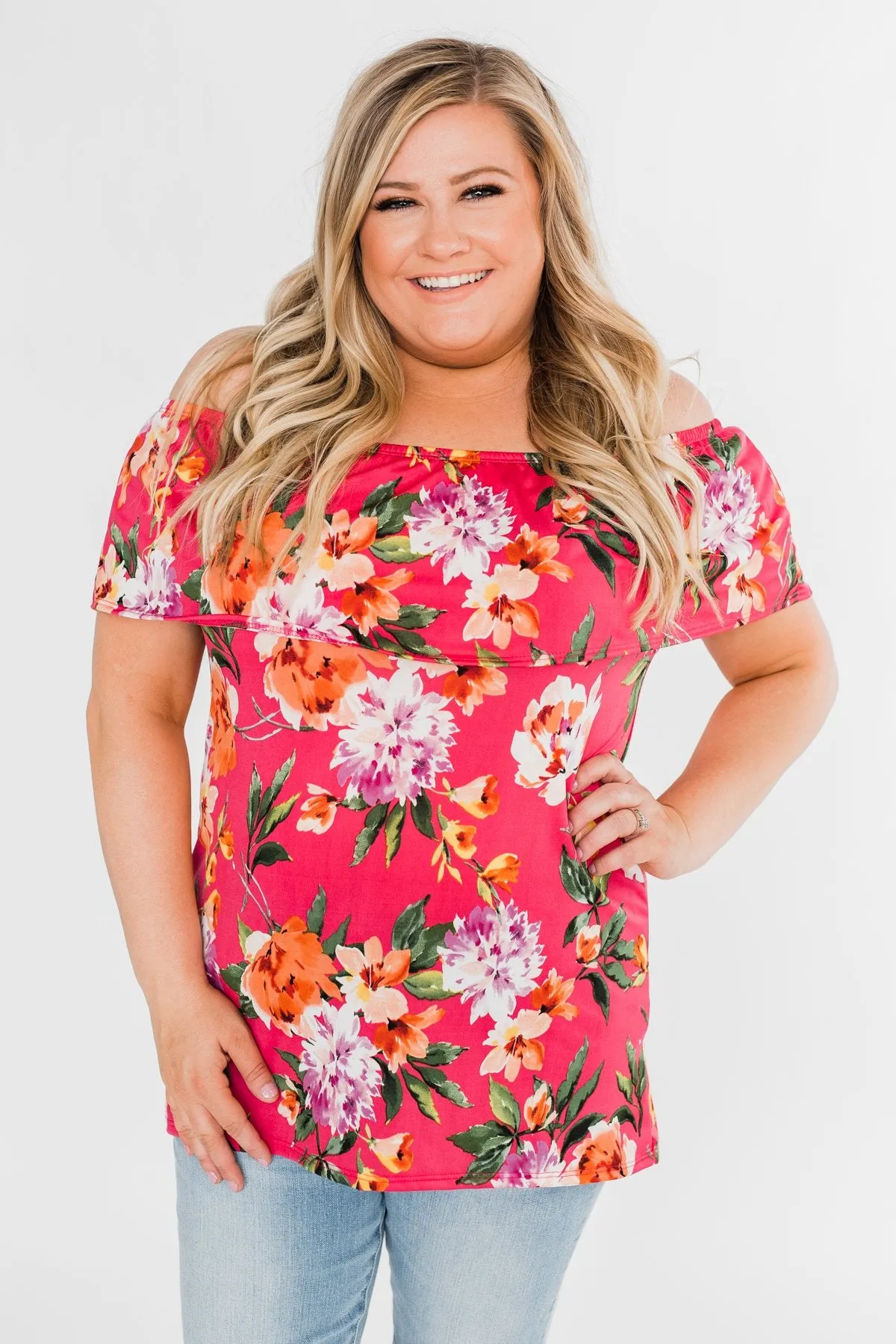 Tropical Oasis Off The Shoulder Floral Top- Fuchsia