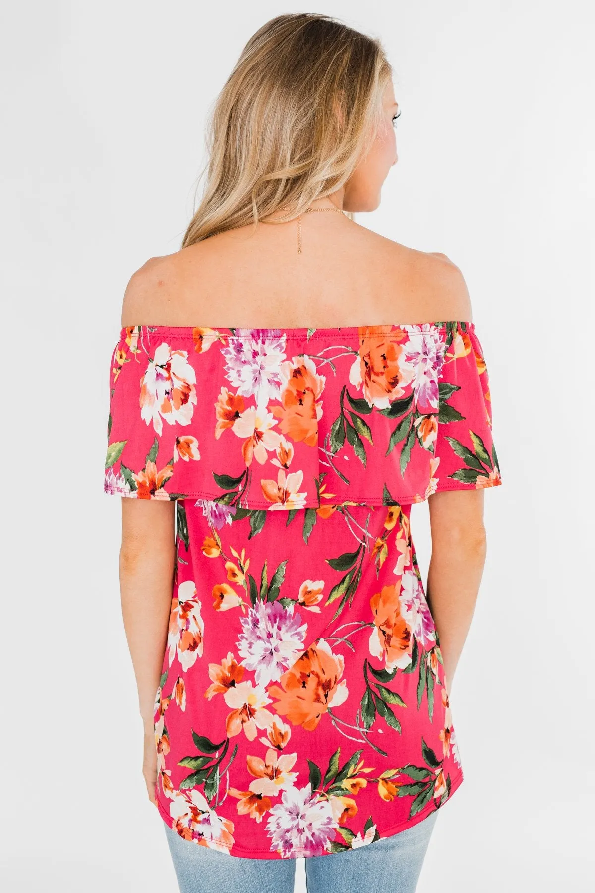 Tropical Oasis Off The Shoulder Floral Top- Fuchsia