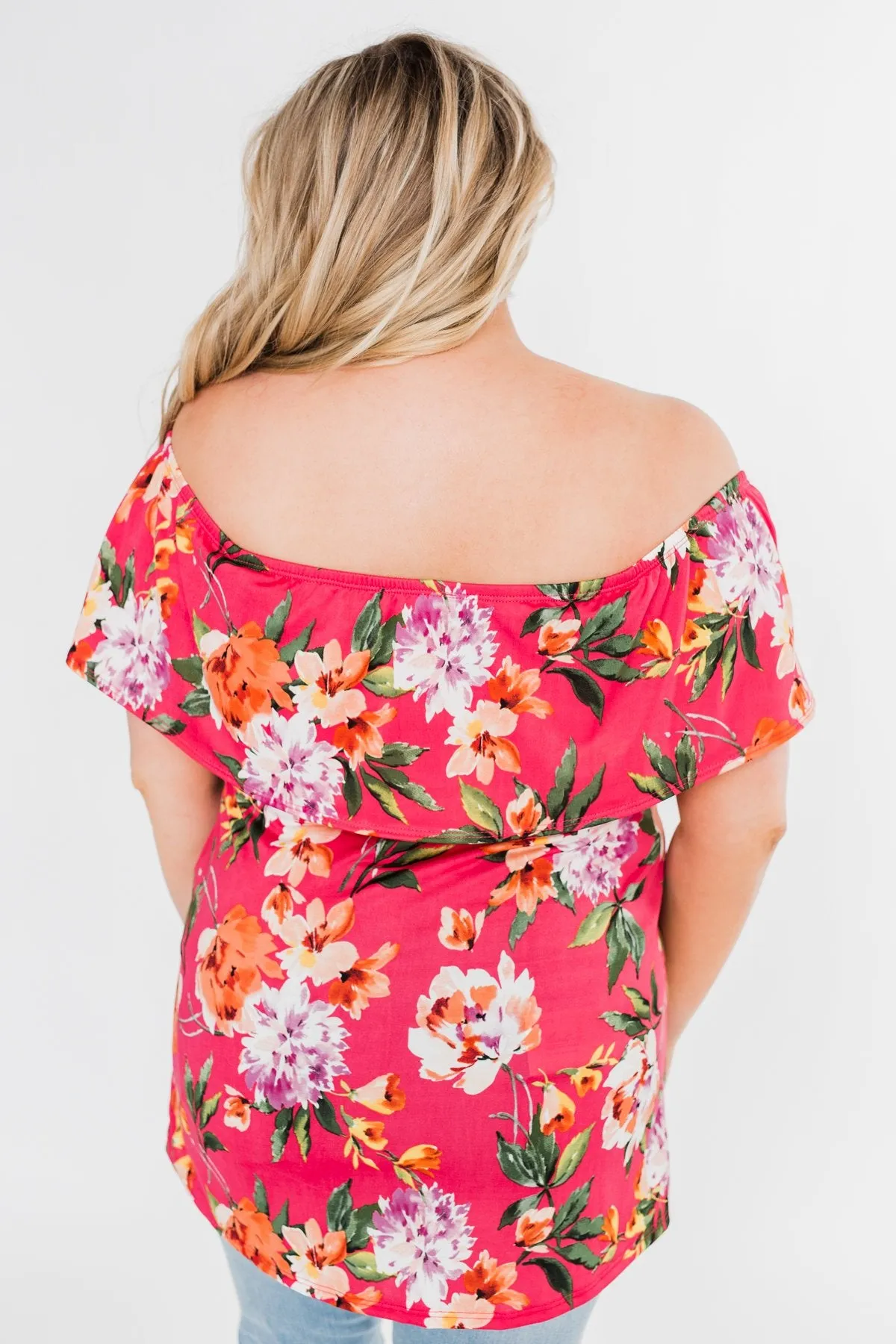 Tropical Oasis Off The Shoulder Floral Top- Fuchsia