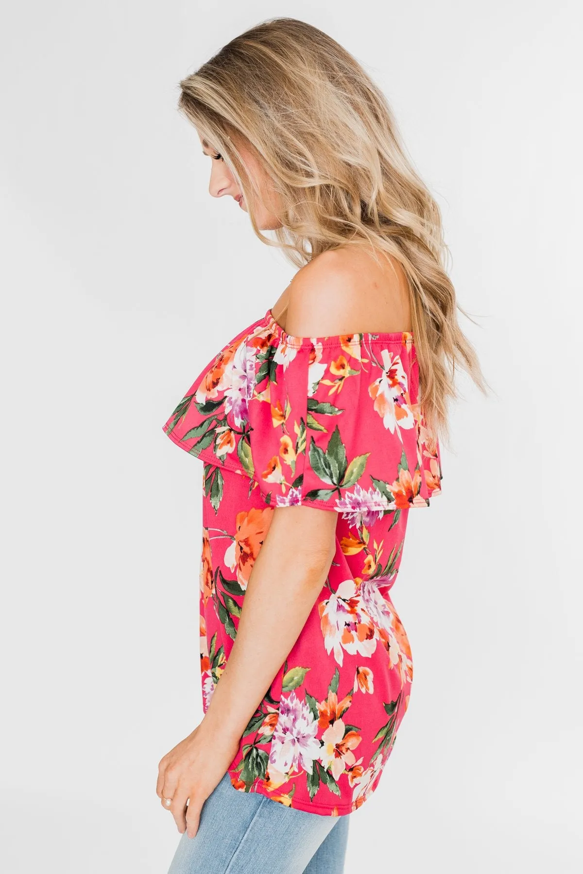 Tropical Oasis Off The Shoulder Floral Top- Fuchsia