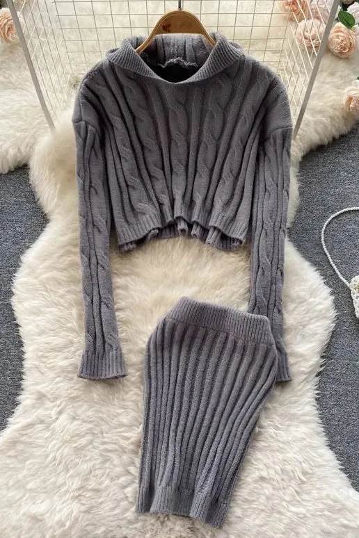 Two Piece Hooded Full Sleeve Knitted Sweatshirt Tops   Skinny Mini Skirts Suits