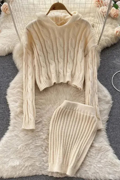Two Piece Hooded Full Sleeve Knitted Sweatshirt Tops   Skinny Mini Skirts Suits