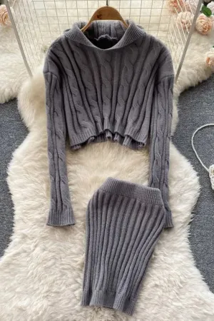 Two Piece Hooded Full Sleeve Knitted Sweatshirt Tops   Skinny Mini Skirts Suits
