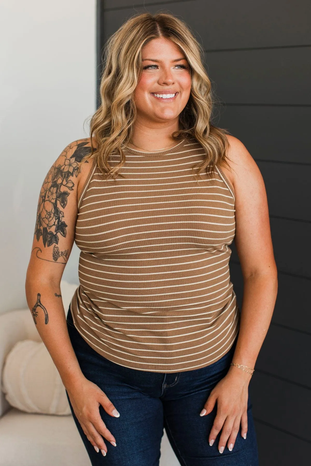 Uneventful Nights Striped Tank Top- Camel