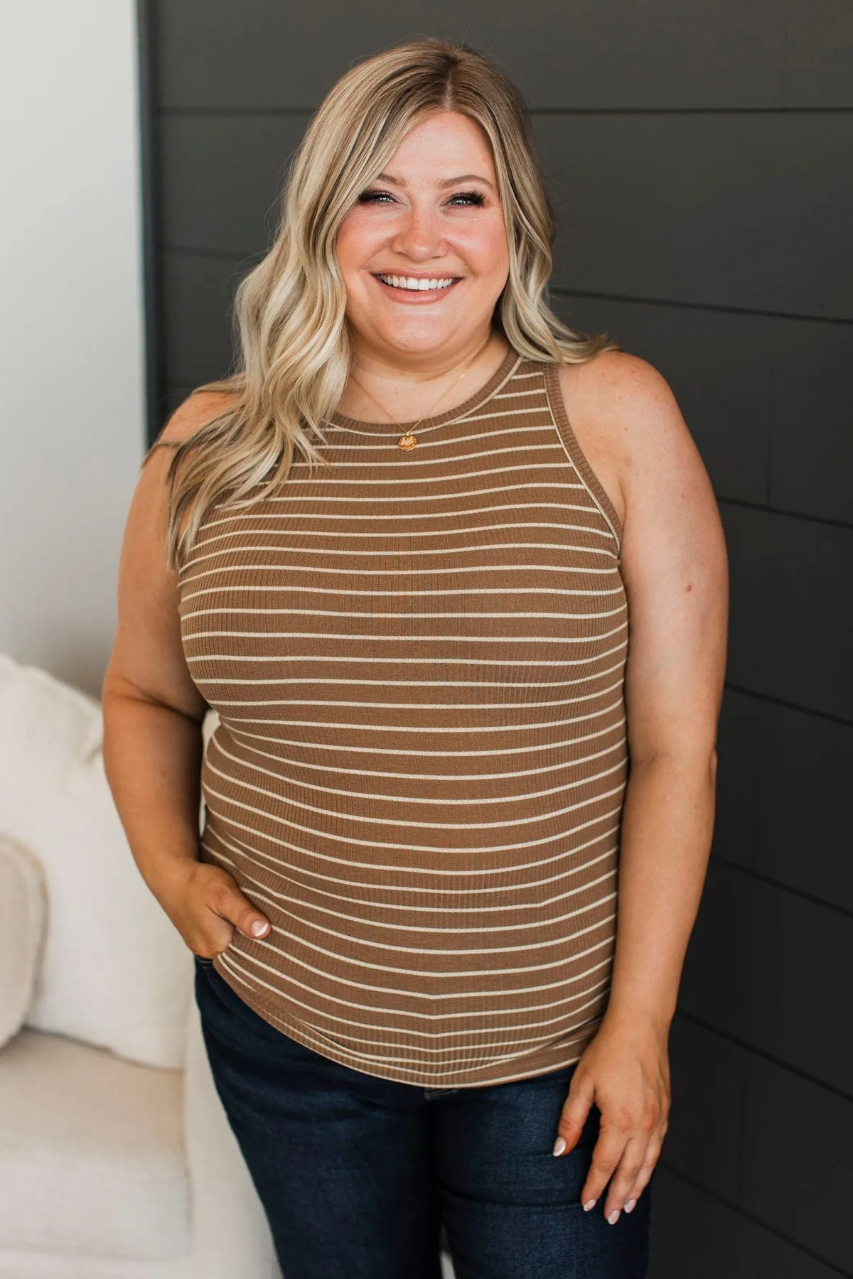 Uneventful Nights Striped Tank Top- Camel