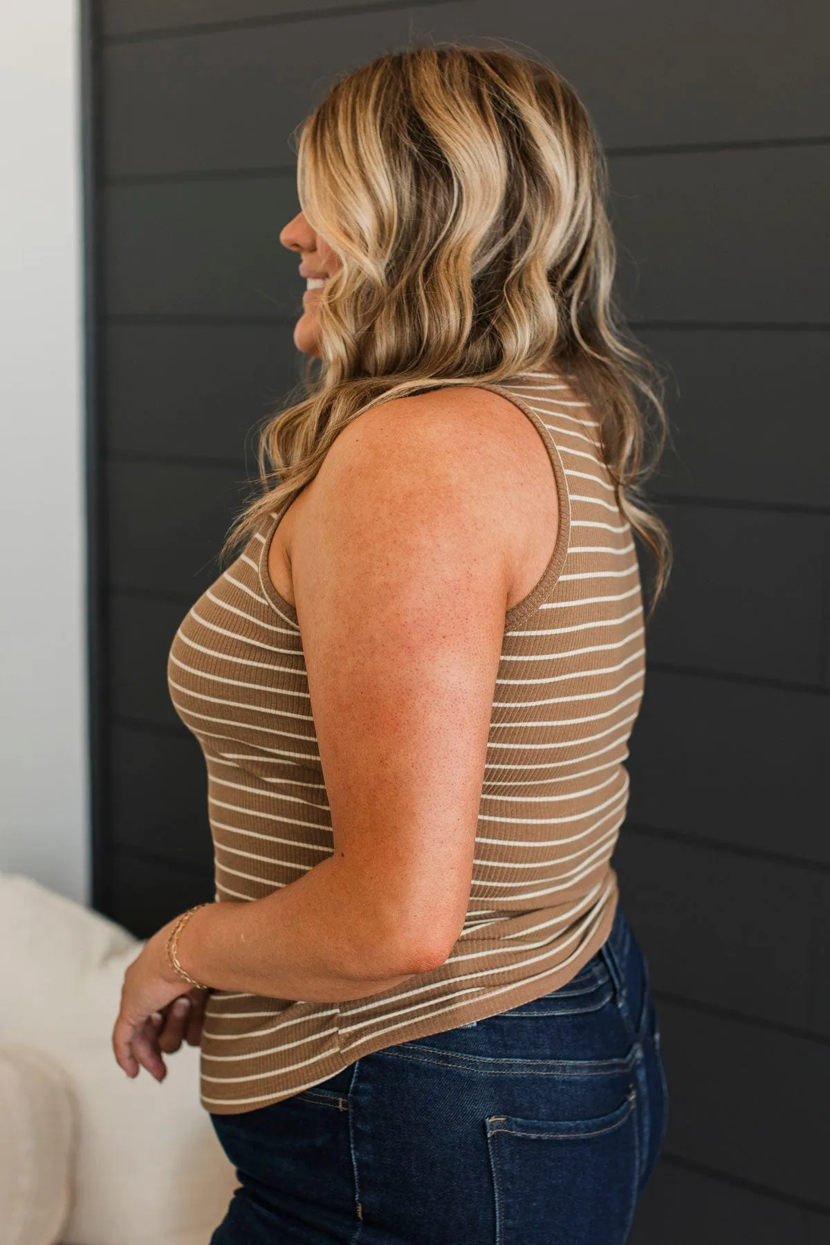 Uneventful Nights Striped Tank Top- Camel