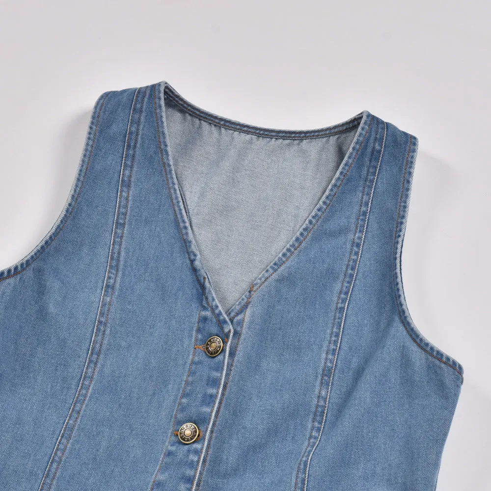 V-neck Backless Vest Single-breasted Denim Mini Dresses