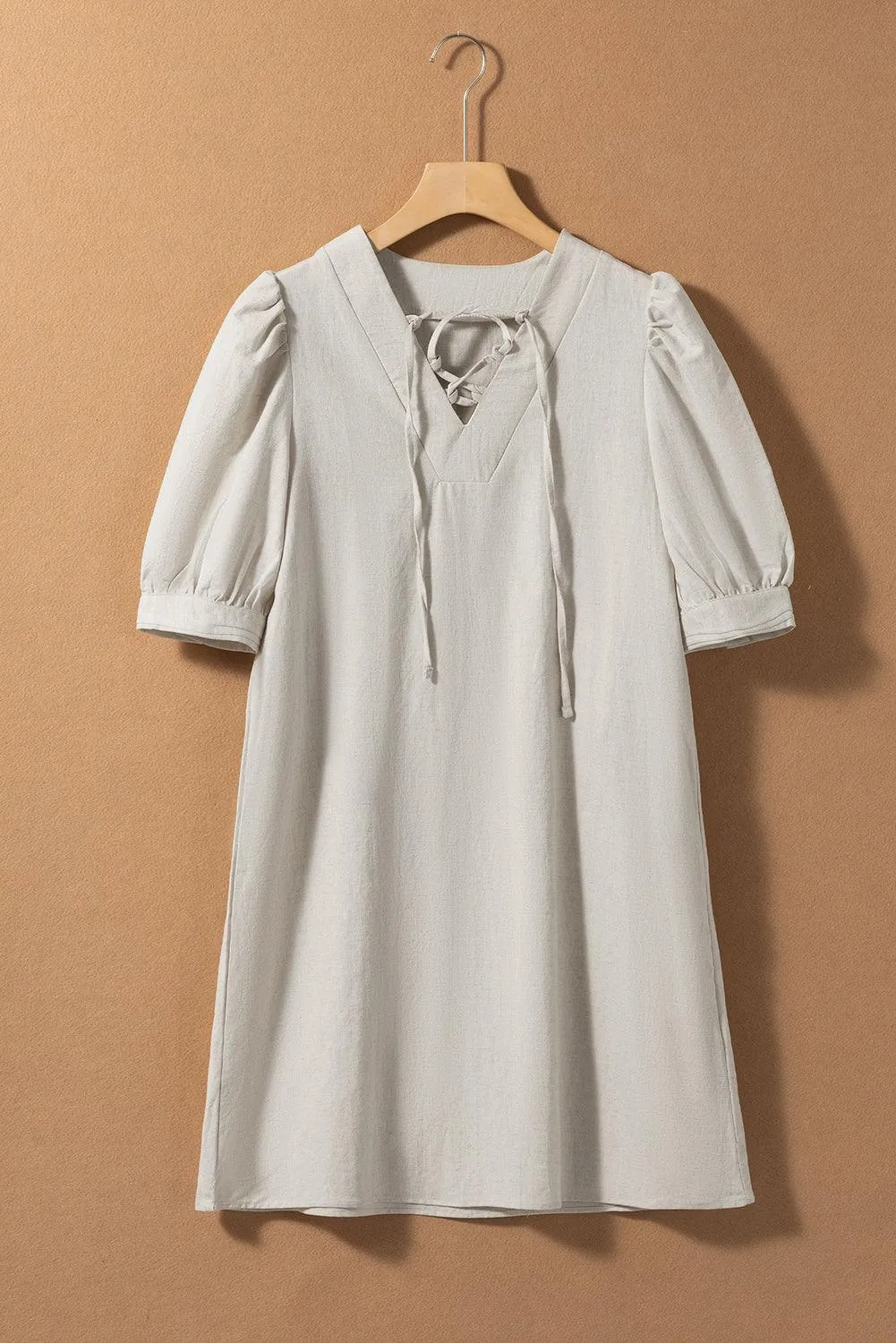 V Neck Lace-up Bubble Sleeve Shift Dress