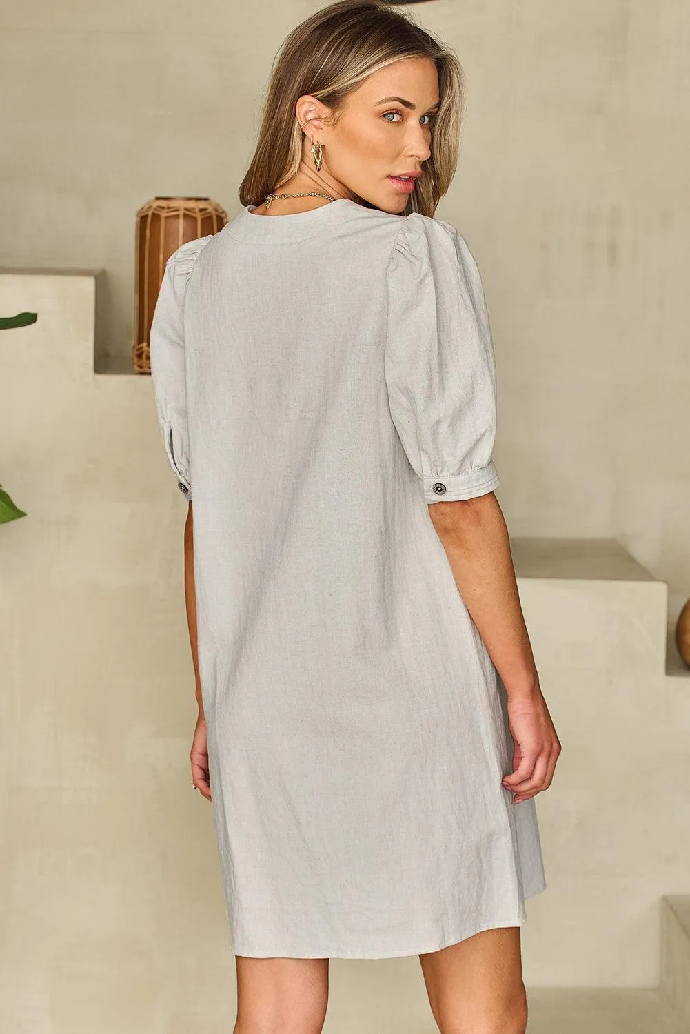 V Neck Lace-up Bubble Sleeve Shift Dress