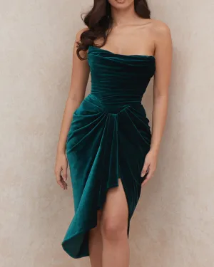 Velvet Strapless Irregular Hem Party Bodycon Midi Dresses