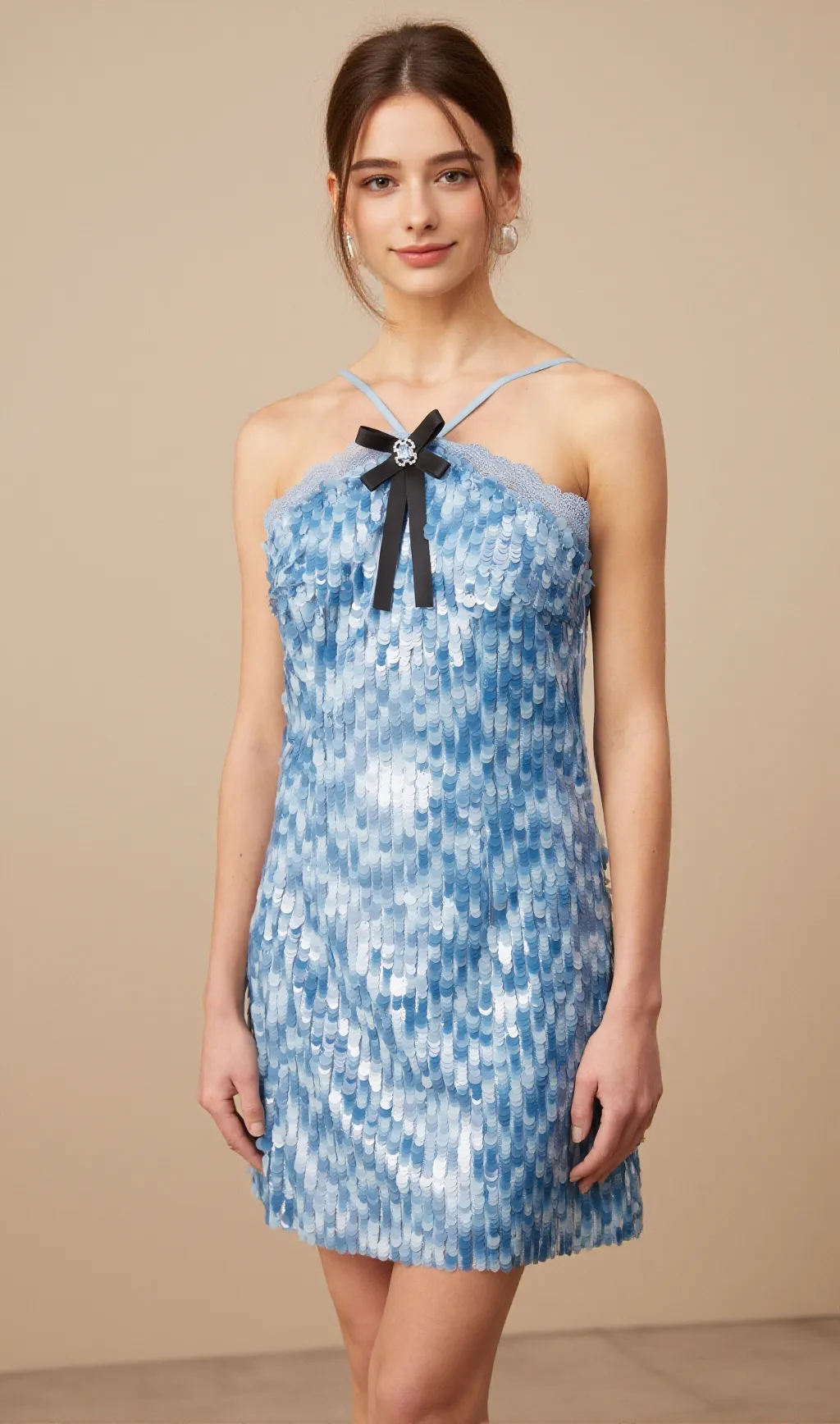Victoire blue halterneck sequined mini dress