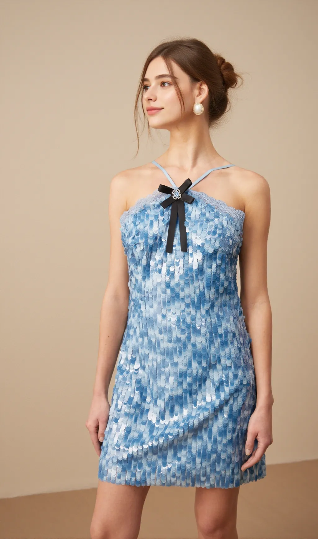 Victoire blue halterneck sequined mini dress
